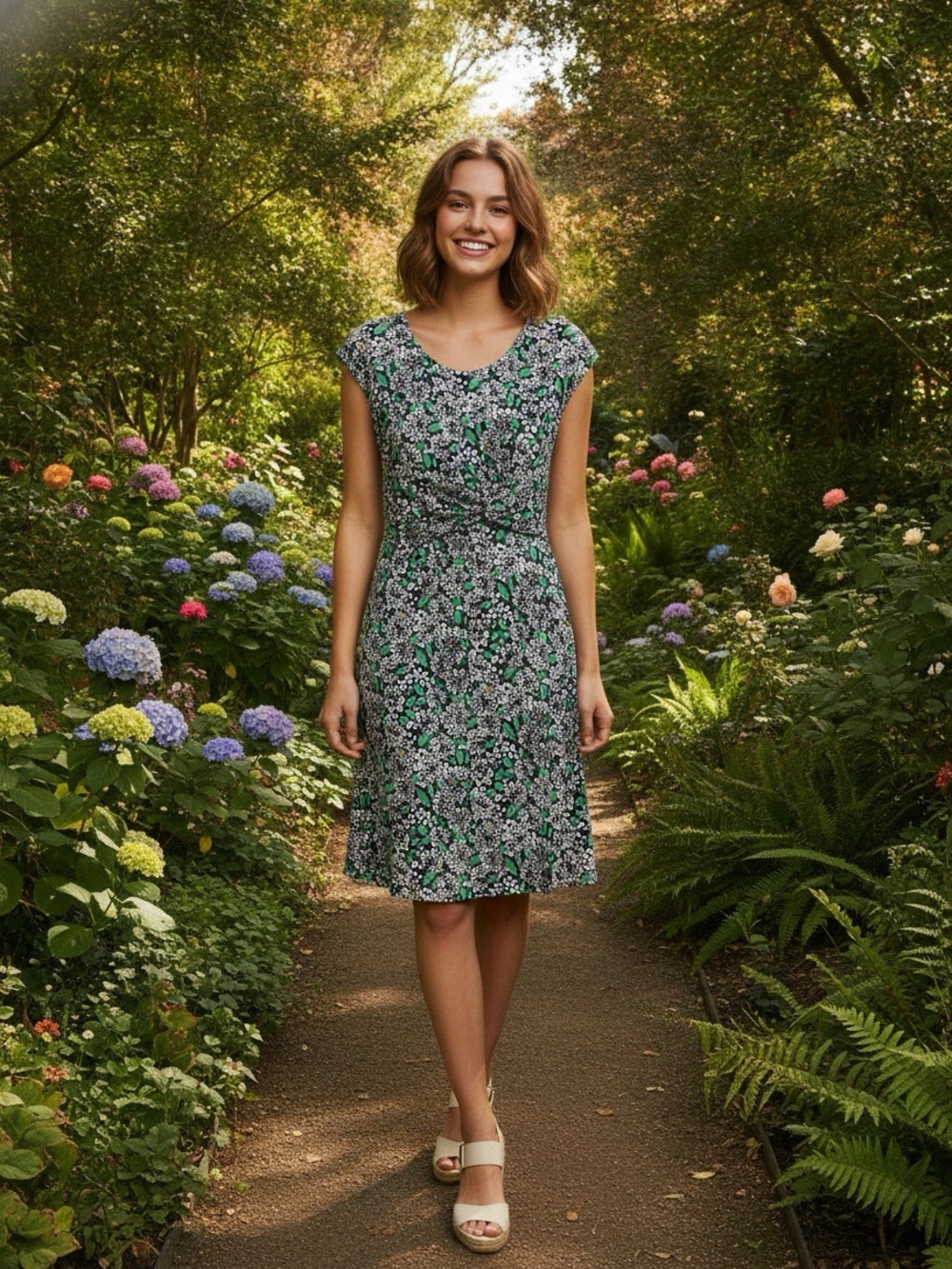 Lands’ End Cap-Sleeve Twist-Front Floral Dress in Navy/White/Green
Size Small